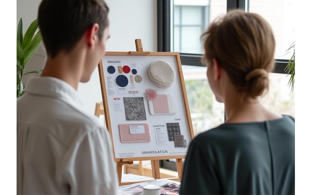 Interieurontwerper die een moodboard presenteert aan een klant