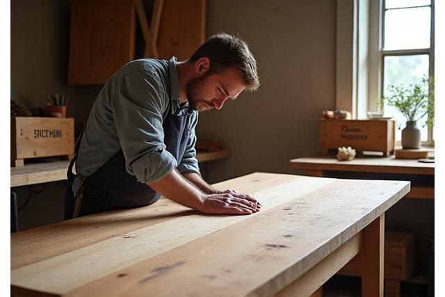 Een ambachtsman werkt in de Stroom Meubels werkplaats aan een houten tafel met traditionele gereedschappen.