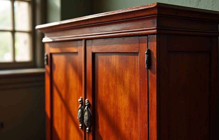 Gerestaureerde antieke houten kast, glanzend en in ere hersteld