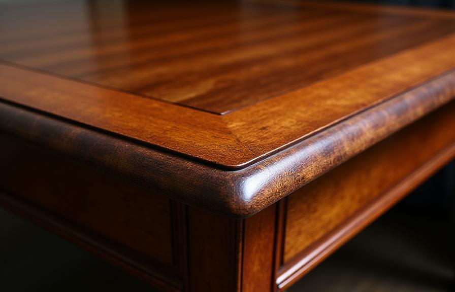 Oude houten tafel na complete restauratie, met gepolijst oppervlak en originele details